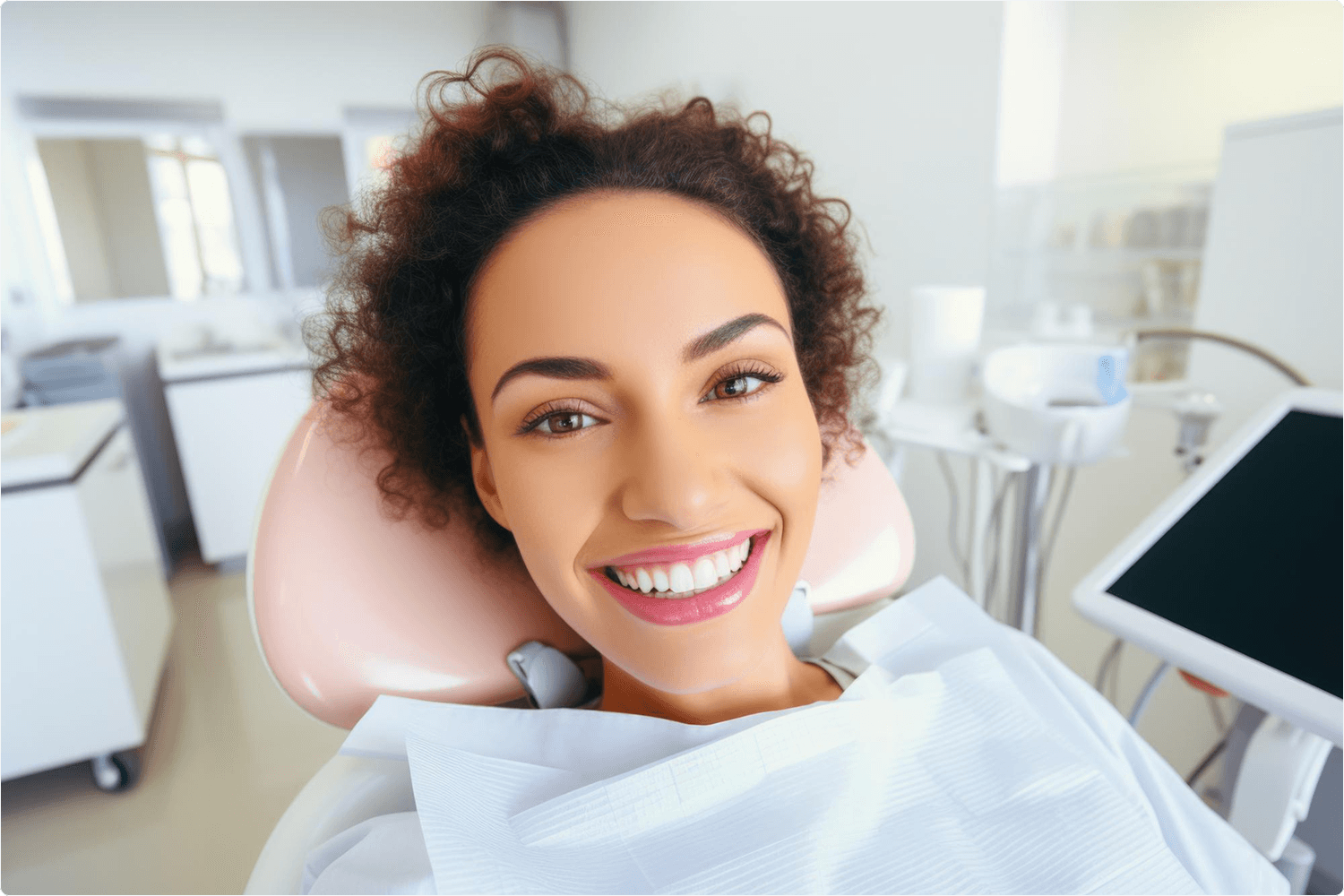 Patiente souriante dans un cabinet dentaire